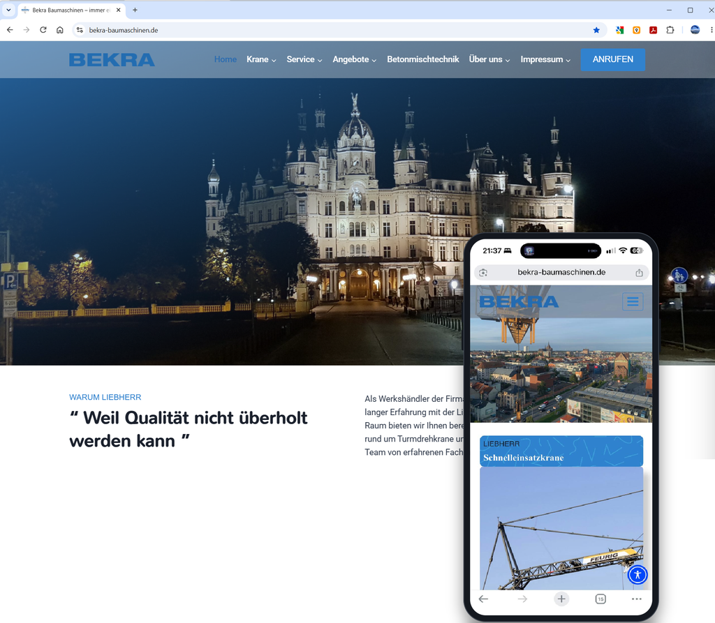 Bild einer von mir erstellten Webseite. Hier BEKRA Baumaschinen als Web- und Mobilansicht